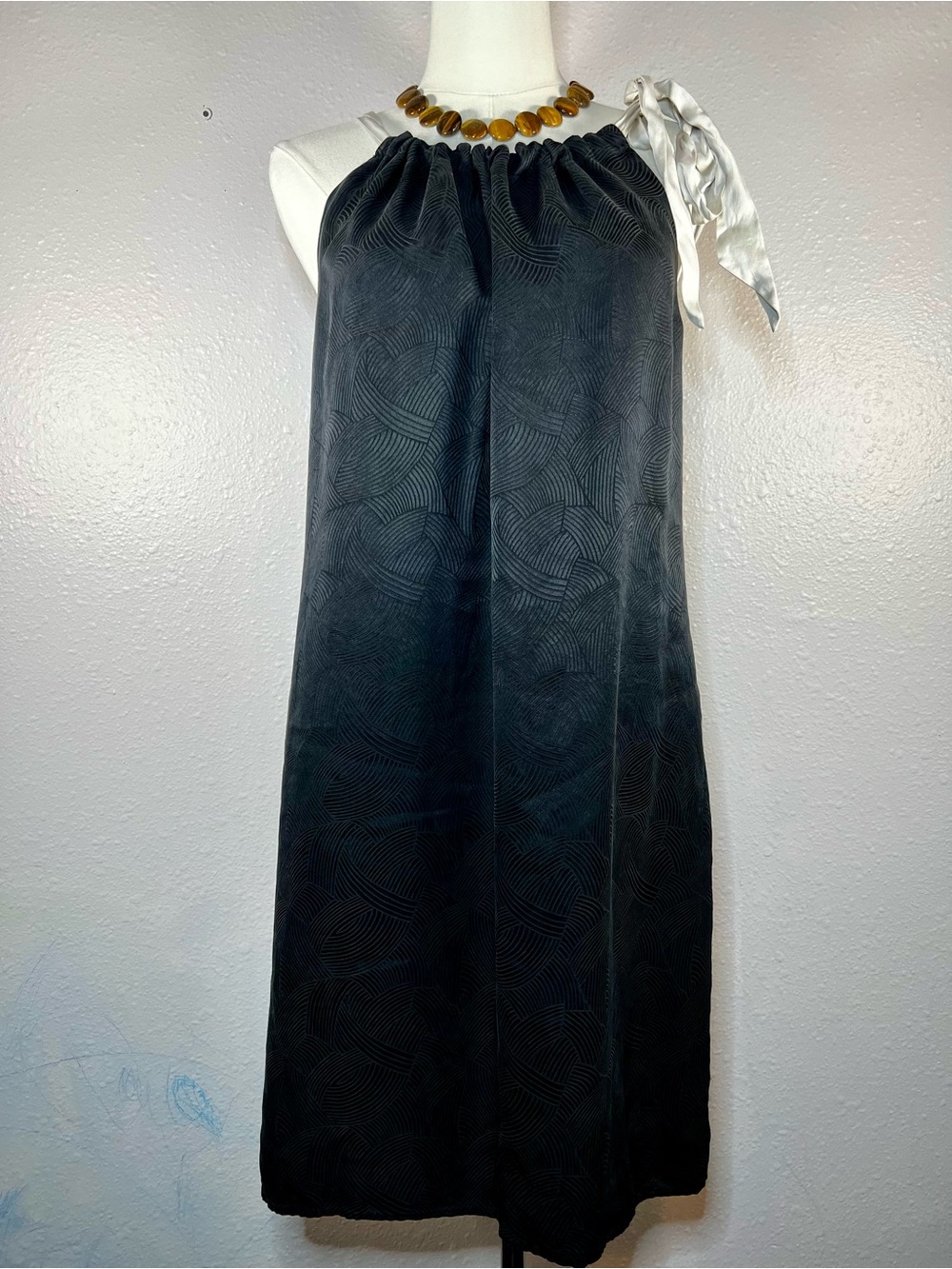 White House Black Market Black Midi Halter Dress with Ivory Shoulder Tie
